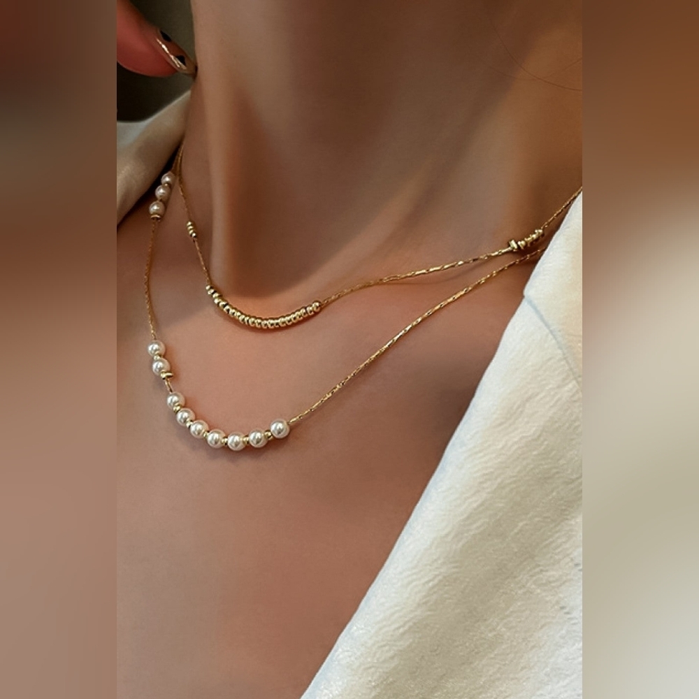 Elegant Pearl Multi Layer18k Gold Non-Tarnish Stainless Steel Necklace